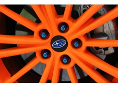 Close-up of the dipped wheels.  That&#39;s two coats of white, followed by four coats of blaze orange.  Lug nuts are blue Mutekis.